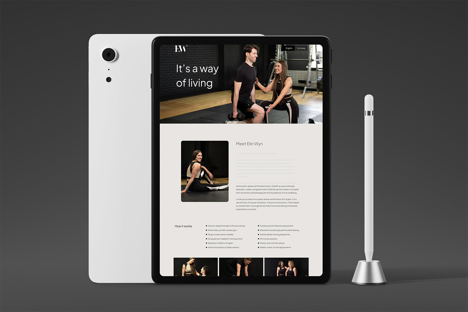 Elin Wyn Personal Training website design — desktop screenshot of elinwynpt.co.uk showing the brand typographic system and colour at screen scale