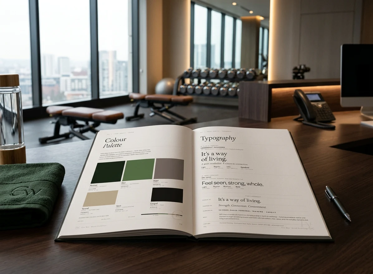 Elin Wyn Personal Training brand system flatlay — all elements including logo, business card, colour swatches and type specimen composed on a clean warm surface