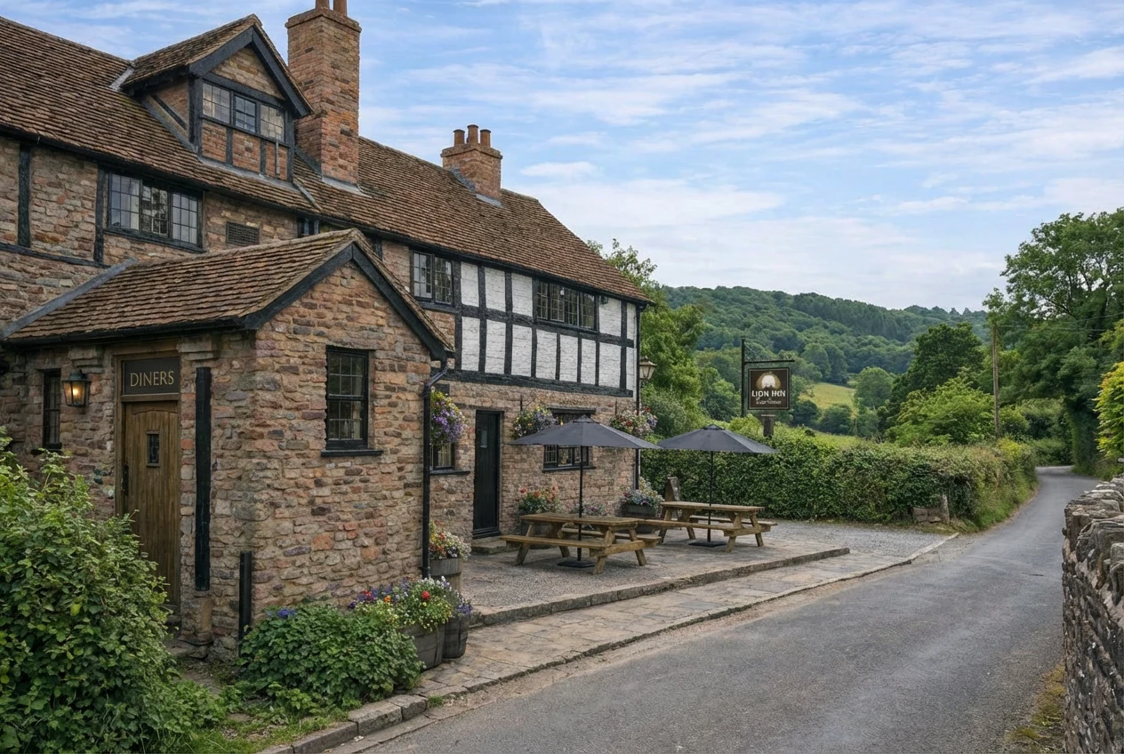 The Lion Inn Clifton upon Teme exterior with signage — golden hour photography showing the building and setting