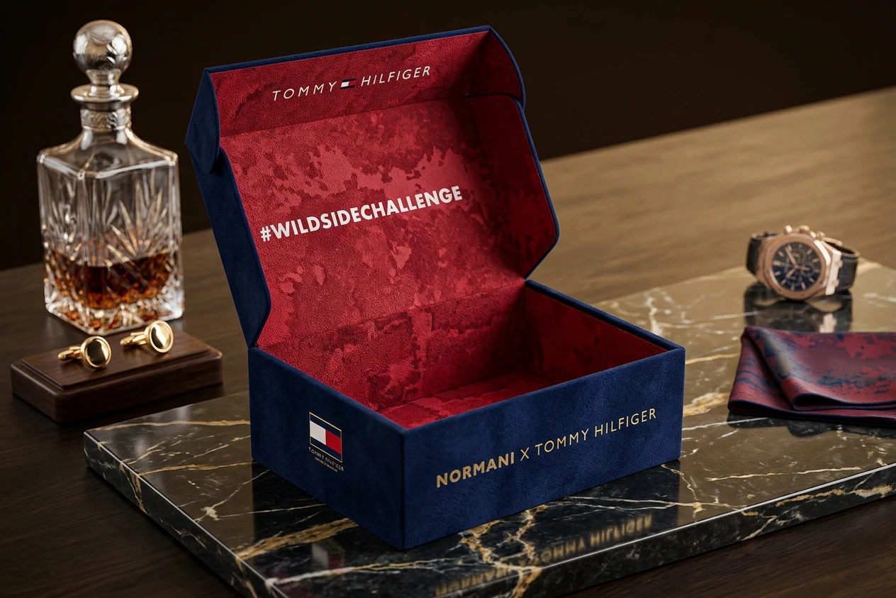Tommy Hilfiger × Normani branded gift box — primary packaging styled product photography, fashion-editorial composition