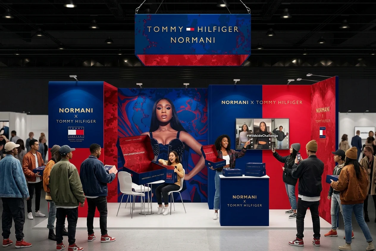 Tommy Hilfiger × Normani complete seeding package editorial flatlay — all packaging elements composed together including gift box, bag, note cards, stickers and tissue paper
